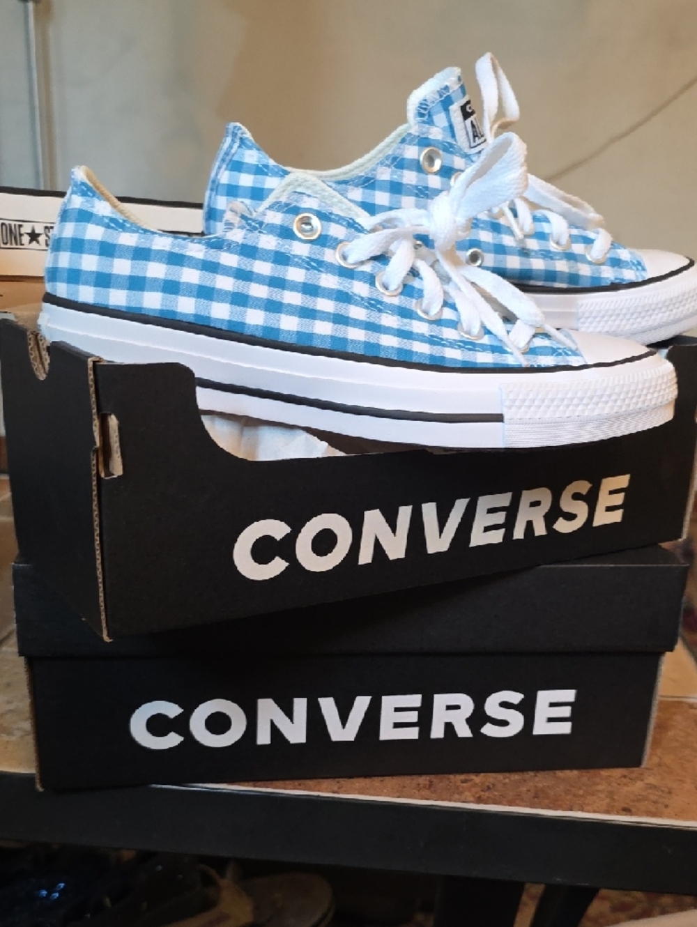 Converse All-Star Women's / Kids Low Top Sneakers - Blue Gingham and White - Picture 2 of 3